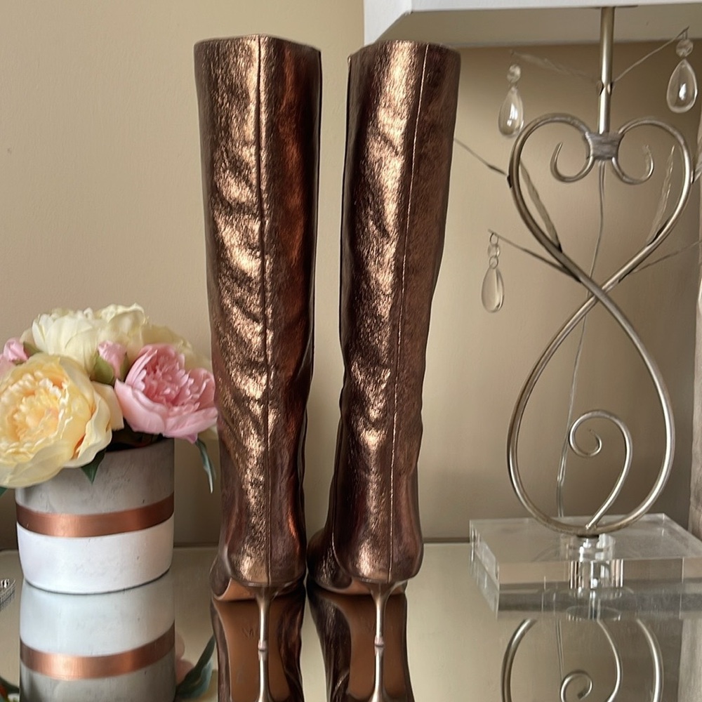 Zara Woman Metallic Kitten Heel Knee Boots Gold Bronze - Picture 4 of 15